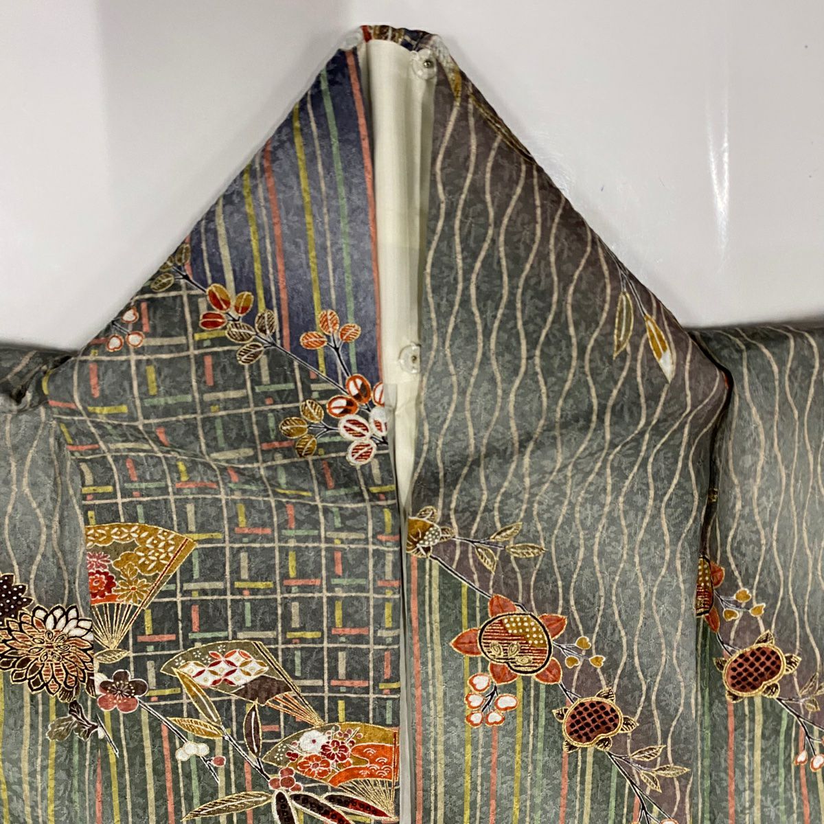 【美品】 小紋 身長160cm 袖長66cm M 雙層 扇子子 枝梅花 金銀彩 灰綠 純蠶絲 優品級