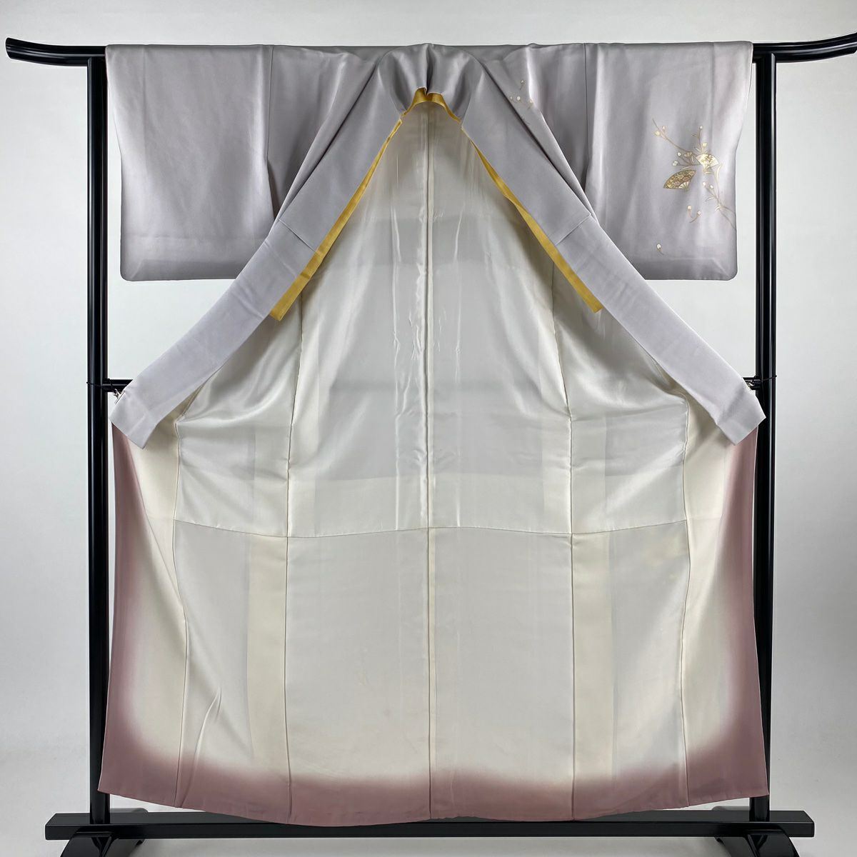 付下 身長158cm 袖長62.5cm S 雙層 扇子子 枝花 金彩裝飾 漸層 灰紫 純蠶絲 優品級