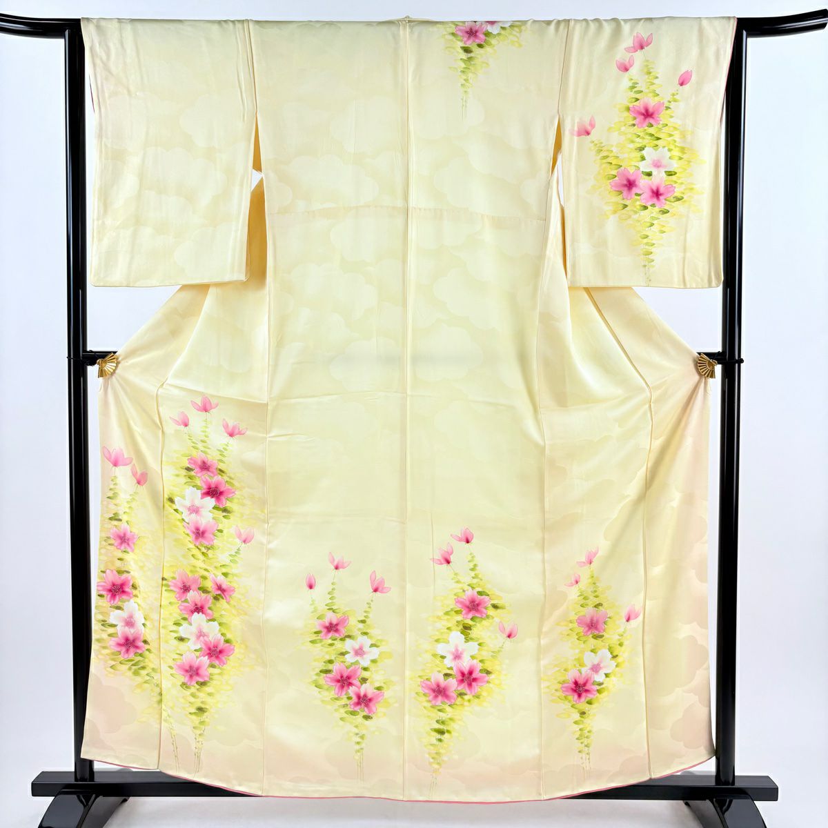 付下 身長160cm 袖長64cm M 雙層 花 金彩裝飾 漸層 淡黃 純蠶絲 優品級