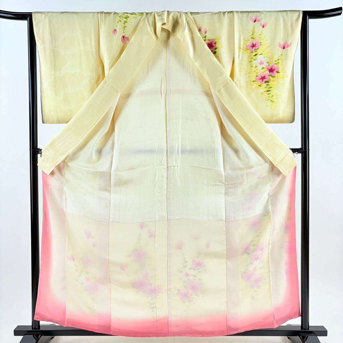 付下 身長160cm 袖長64cm M 雙層 花 金彩裝飾 漸層 淡黃 純蠶絲 優品級