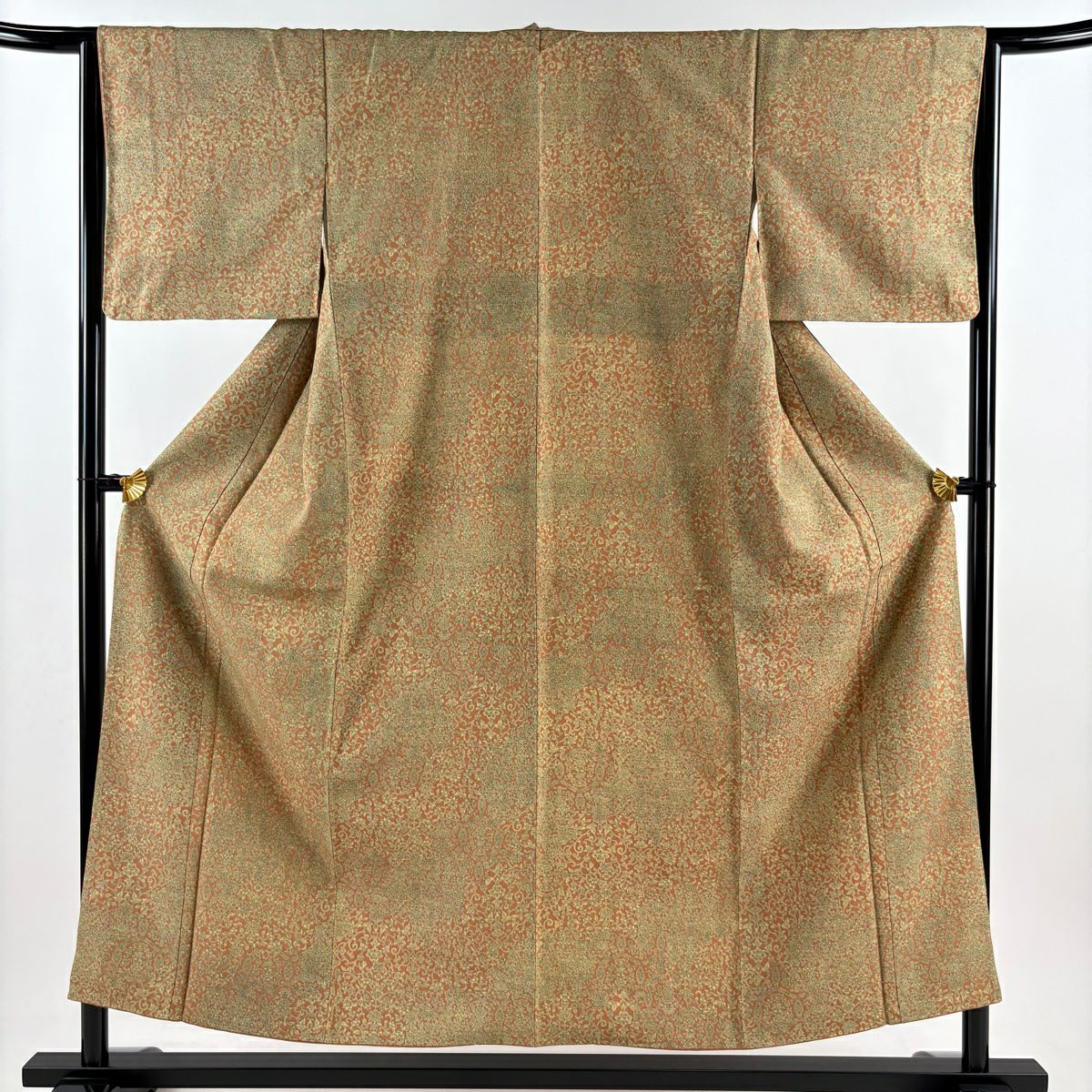 【美品】 小紋 身長153.5cm 袖長65cm M 雙層 花唐草紋 茶 純蠶絲 優品級