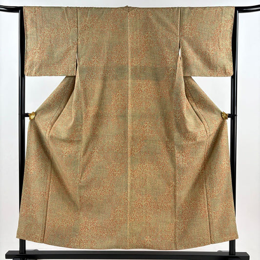 【美品】 小紋 身長153.5cm 袖長65cm M 雙層 花唐草紋 茶 純蠶絲 優品級