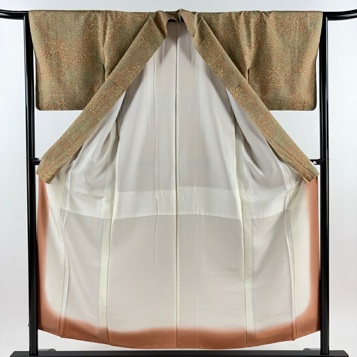【美品】 小紋 身長153.5cm 袖長65cm M 雙層 花唐草紋 茶 純蠶絲 優品級