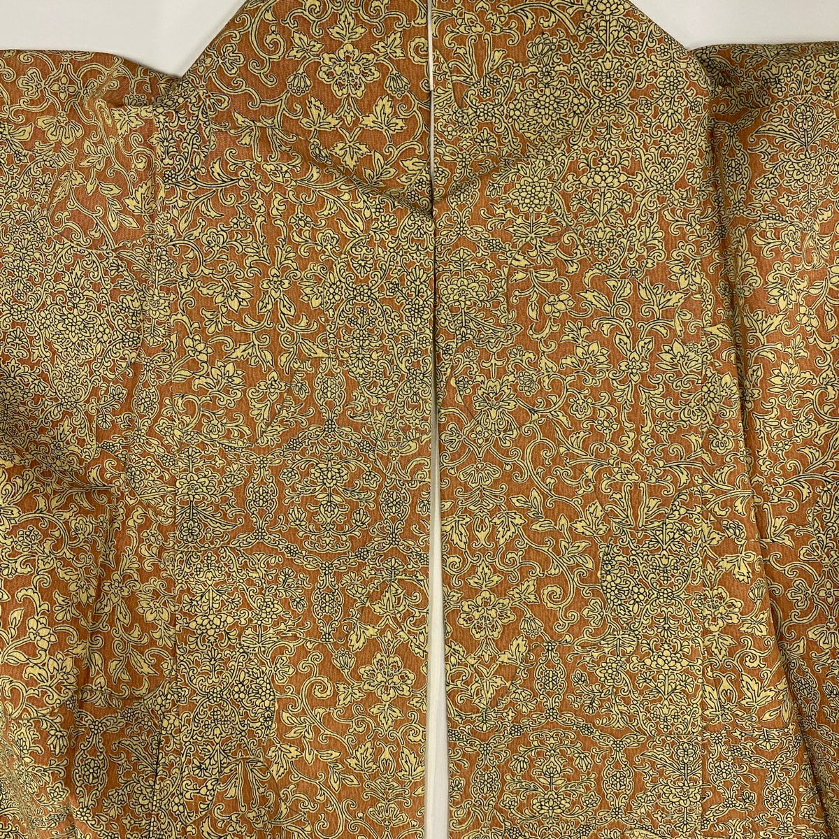 【美品】 小紋 身長153.5cm 袖長65cm M 雙層 花唐草紋 茶 純蠶絲 優品級