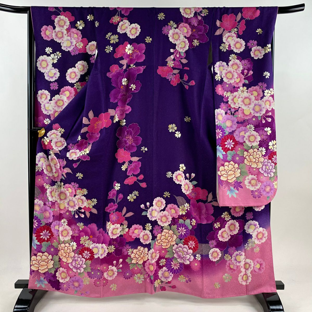 【美品】振袖禮服 身長163.5cm 袖長67cm M 雙層 櫻花 牡丹 金銀彩 深紫 純蠶絲 逸品級