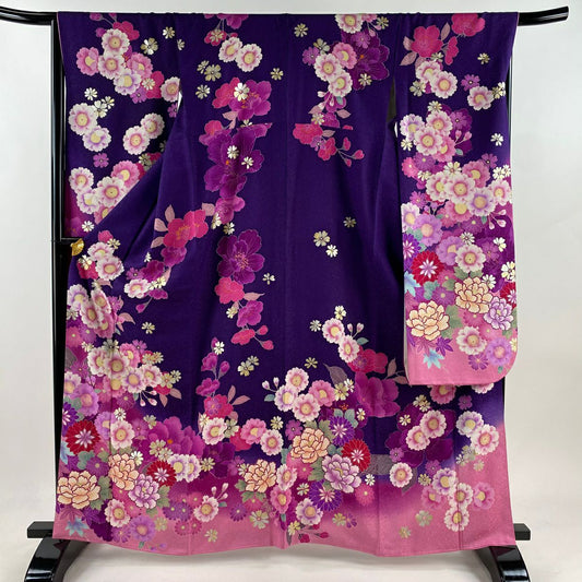 【美品】振袖禮服 身長163.5cm 袖長67cm M 雙層 櫻花 牡丹 金銀彩 深紫 純蠶絲 逸品級