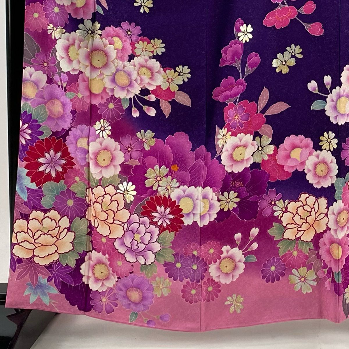 【美品】振袖禮服 身長163.5cm 袖長67cm M 雙層 櫻花 牡丹 金銀彩 深紫 純蠶絲 逸品級