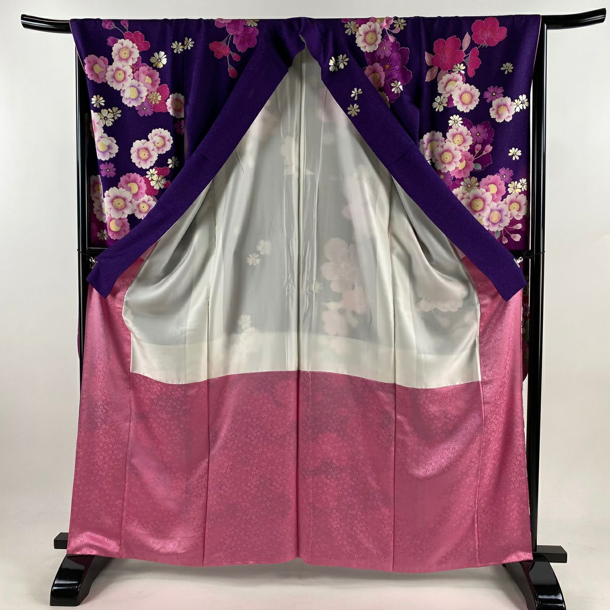 【美品】振袖禮服 身長163.5cm 袖長67cm M 雙層 櫻花 牡丹 金銀彩 深紫 純蠶絲 逸品級