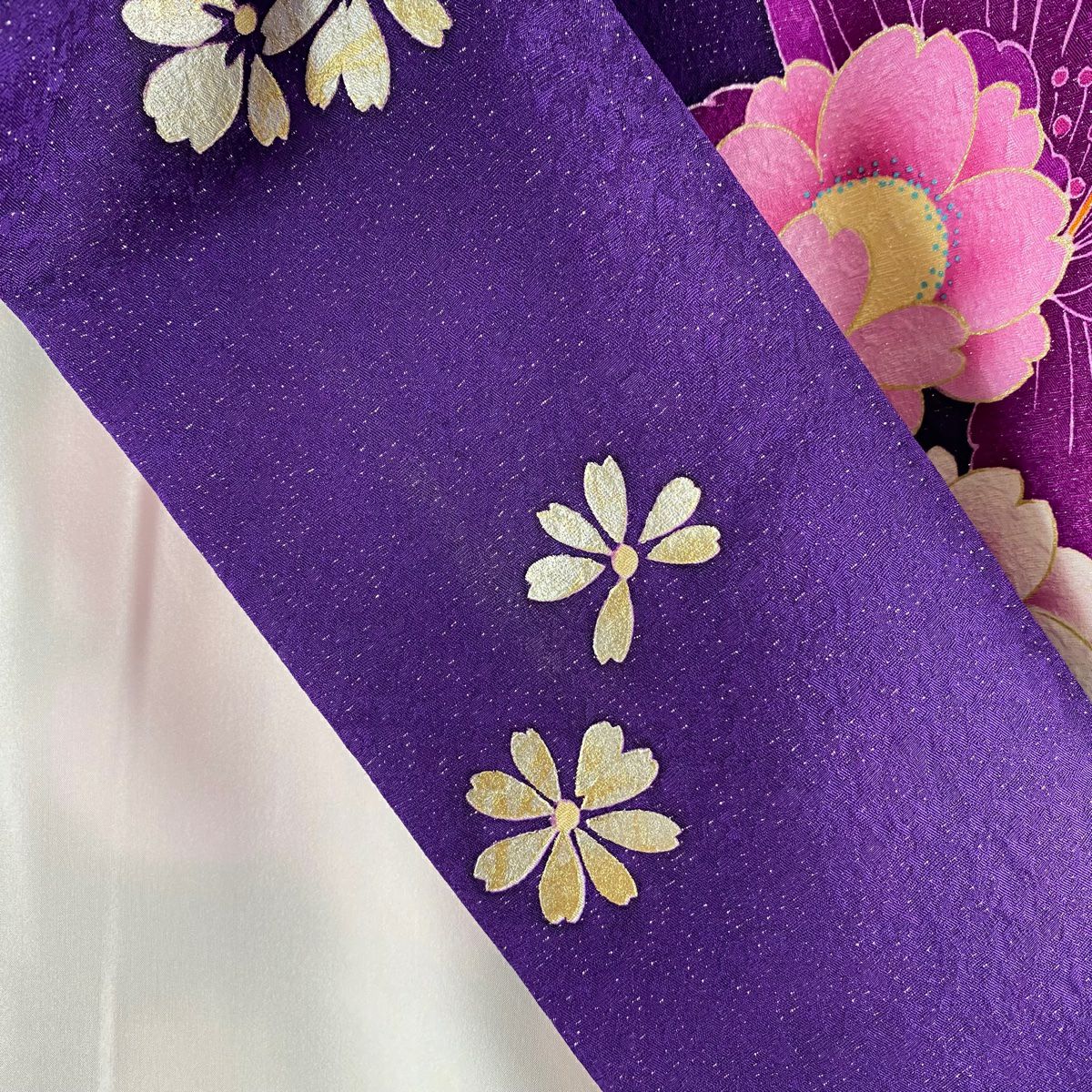 【美品】振袖禮服 身長163.5cm 袖長67cm M 雙層 櫻花 牡丹 金銀彩 深紫 純蠶絲 逸品級