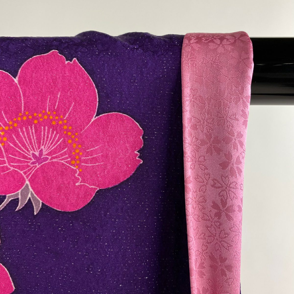 【美品】振袖禮服 身長163.5cm 袖長67cm M 雙層 櫻花 牡丹 金銀彩 深紫 純蠶絲 逸品級