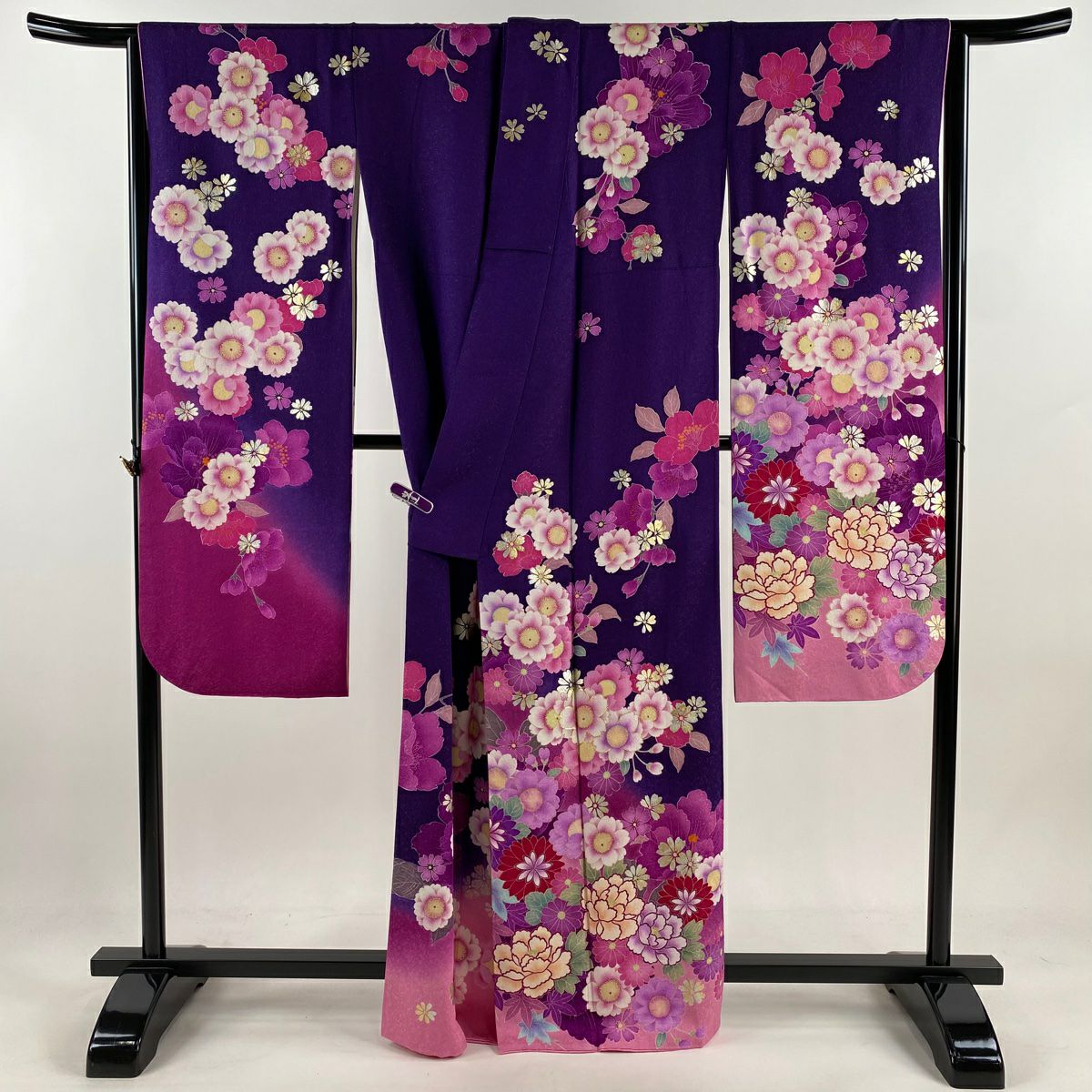 【美品】振袖禮服 身長163.5cm 袖長67cm M 雙層 櫻花 牡丹 金銀彩 深紫 純蠶絲 逸品級