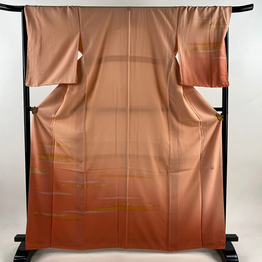 【美品】 付下 身長165.5cm 袖長68cm L 雙層 人間國寶 福田喜重 鈴乃屋 落款あり 霞 金金箔散佈 金銀彩 漸層 淺橙色 純蠶絲 逸品級 一つ紋