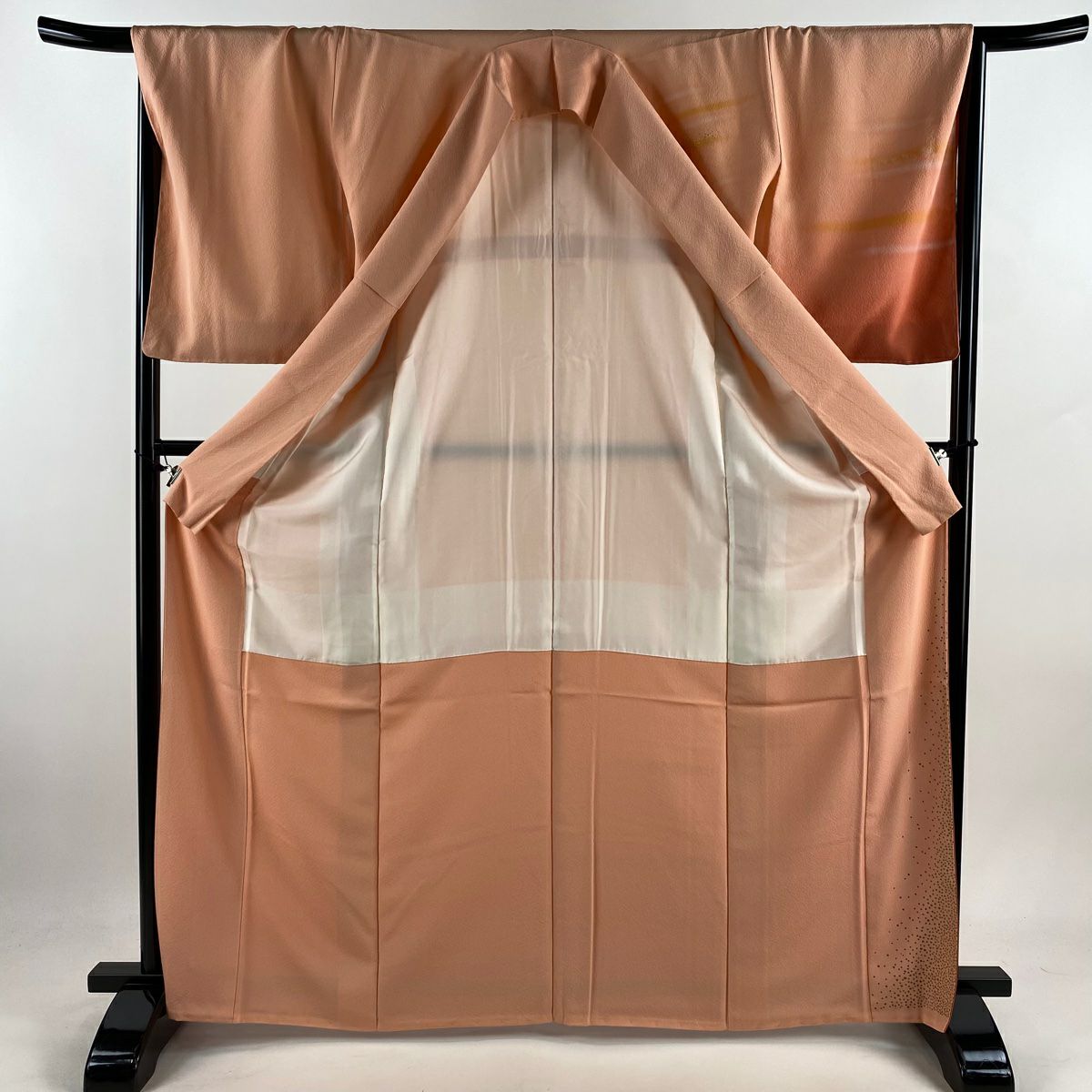 【美品】 付下 身長165.5cm 袖長68cm L 雙層 人間國寶 福田喜重 鈴乃屋 落款あり 霞 金金箔散佈 金銀彩 漸層 淺橙色 純蠶絲 逸品級 一つ紋