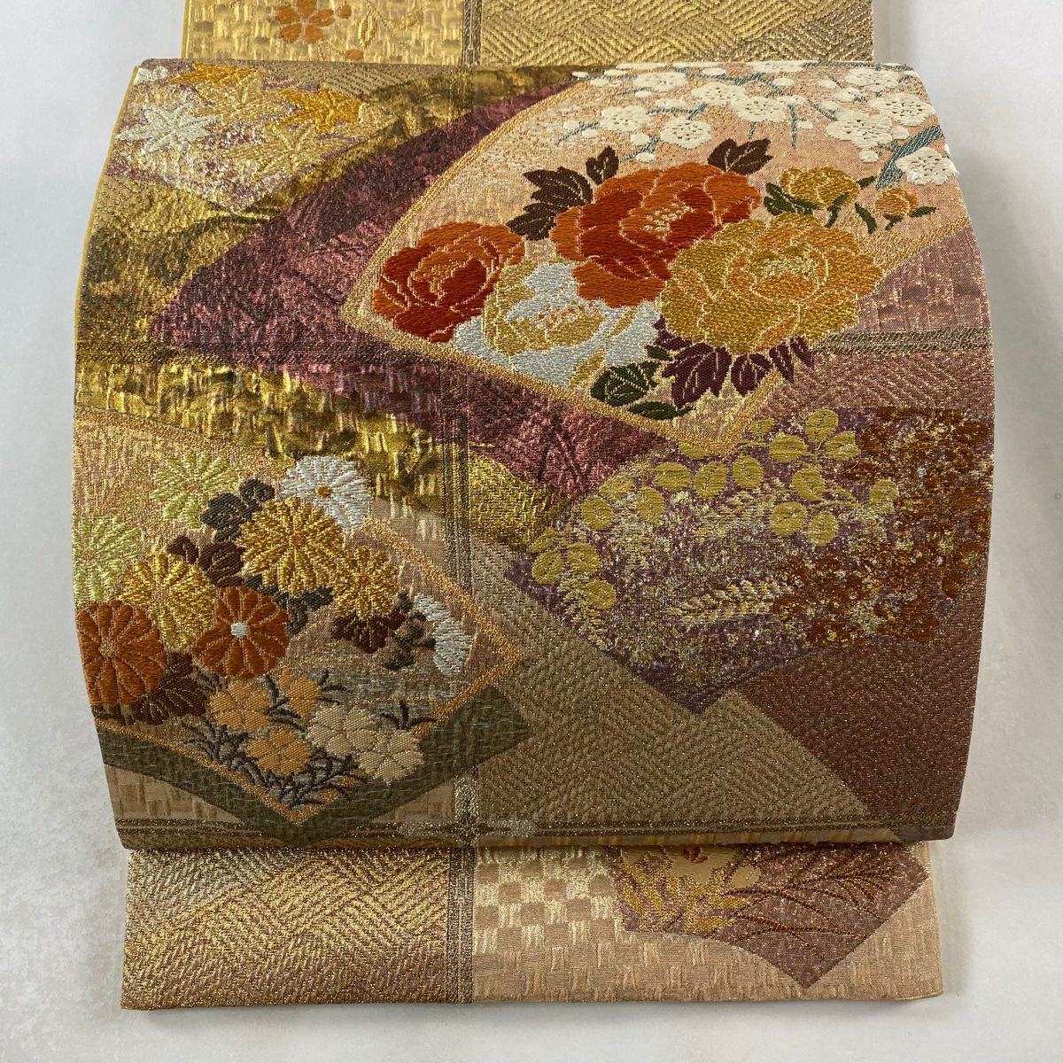 袋帶 美品 秀品級 纐纈 草花紋紋 扇子面 金金箔 金銀彩 金茶 全通 純蠶絲