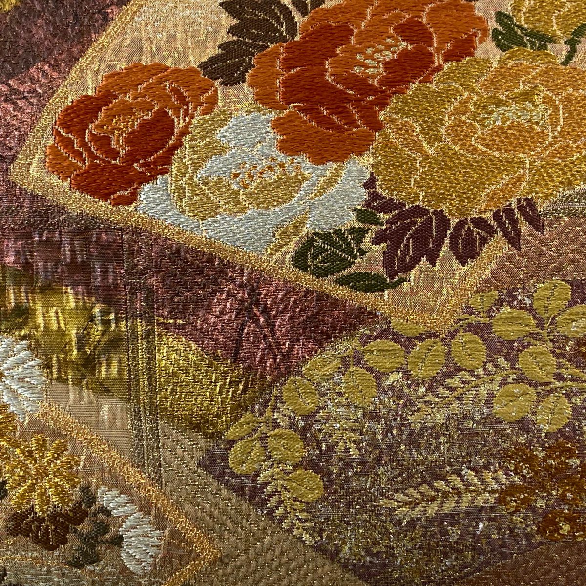 袋帶 美品 秀品級 纐纈 草花紋紋 扇子面 金金箔 金銀彩 金茶 全通 純蠶絲