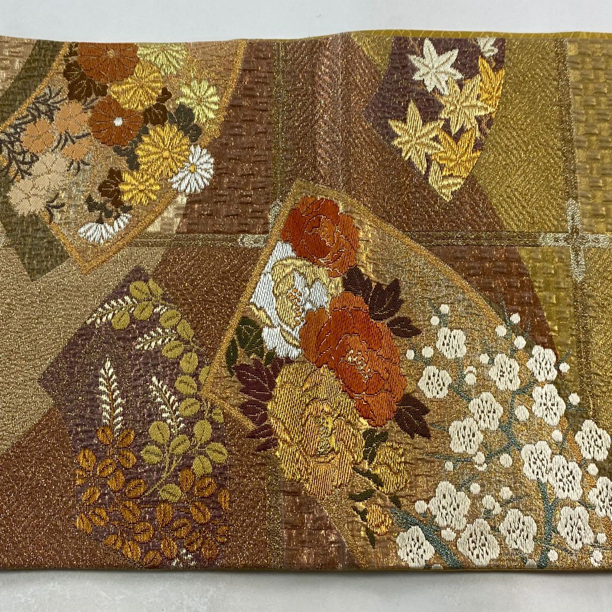 袋帶 美品 秀品級 纐纈 草花紋紋 扇子面 金金箔 金銀彩 金茶 全通 純蠶絲