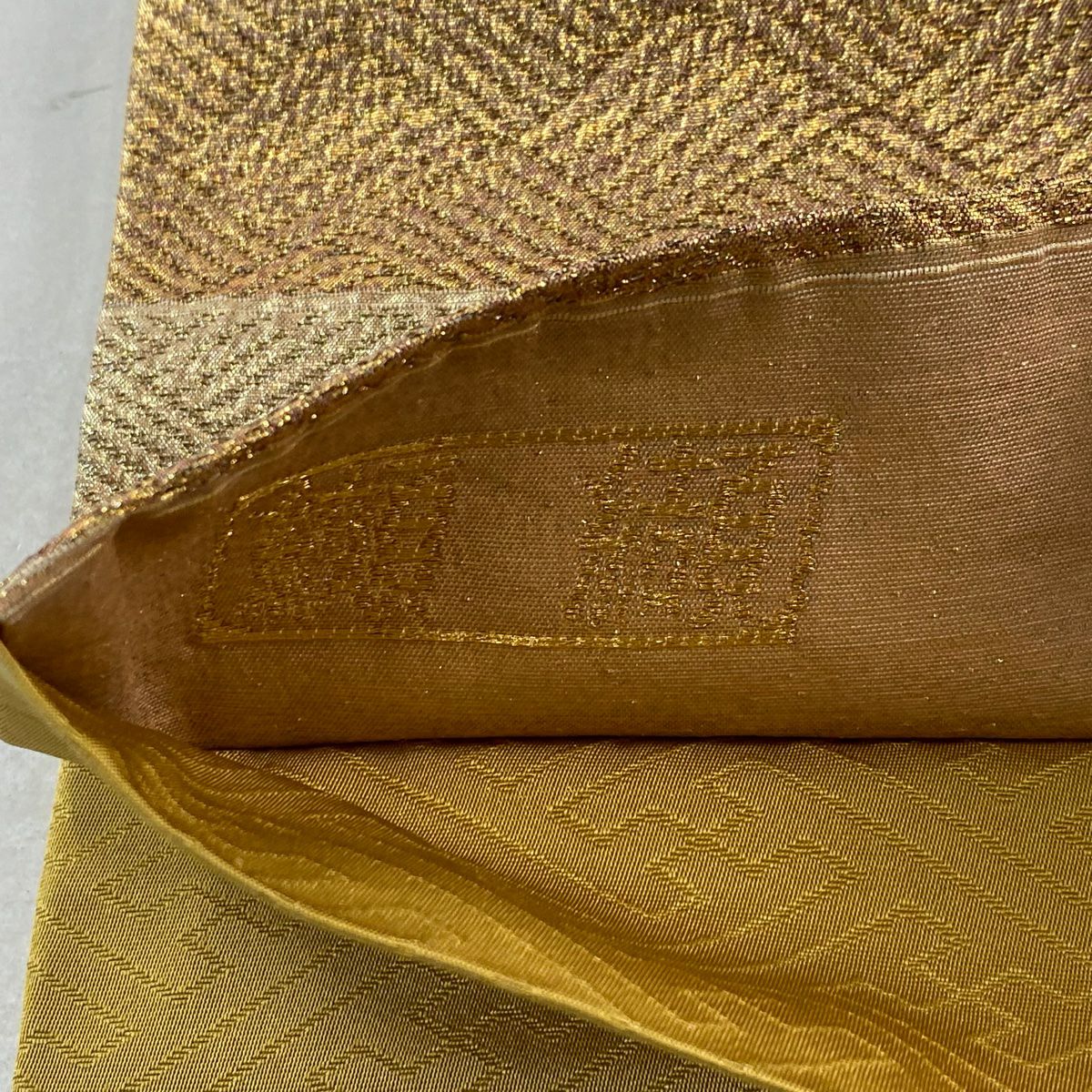 袋帶 美品 秀品級 纐纈 草花紋紋 扇子面 金金箔 金銀彩 金茶 全通 純蠶絲