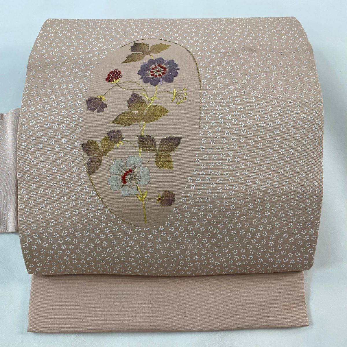 名古屋帶 優品級 草花紋刺繡 金銀線 粉米色 純蠶絲