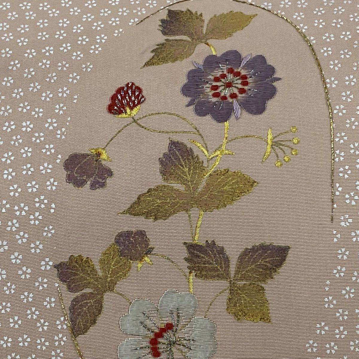 名古屋帶 優品級 草花紋刺繡 金銀線 粉米色 純蠶絲