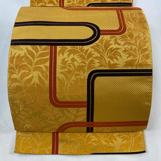 【美品】 名古屋帶 優品級 八寸名古屋帶 松樹葉仕立 幾何學圖案 葉紋 山吹色 純蠶絲