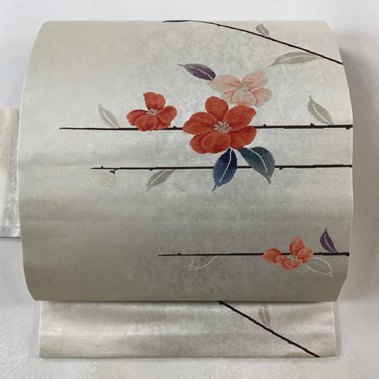 【美品】 名古屋帶 優品級 枝花 金金箔 銀線 灰白 純蠶絲