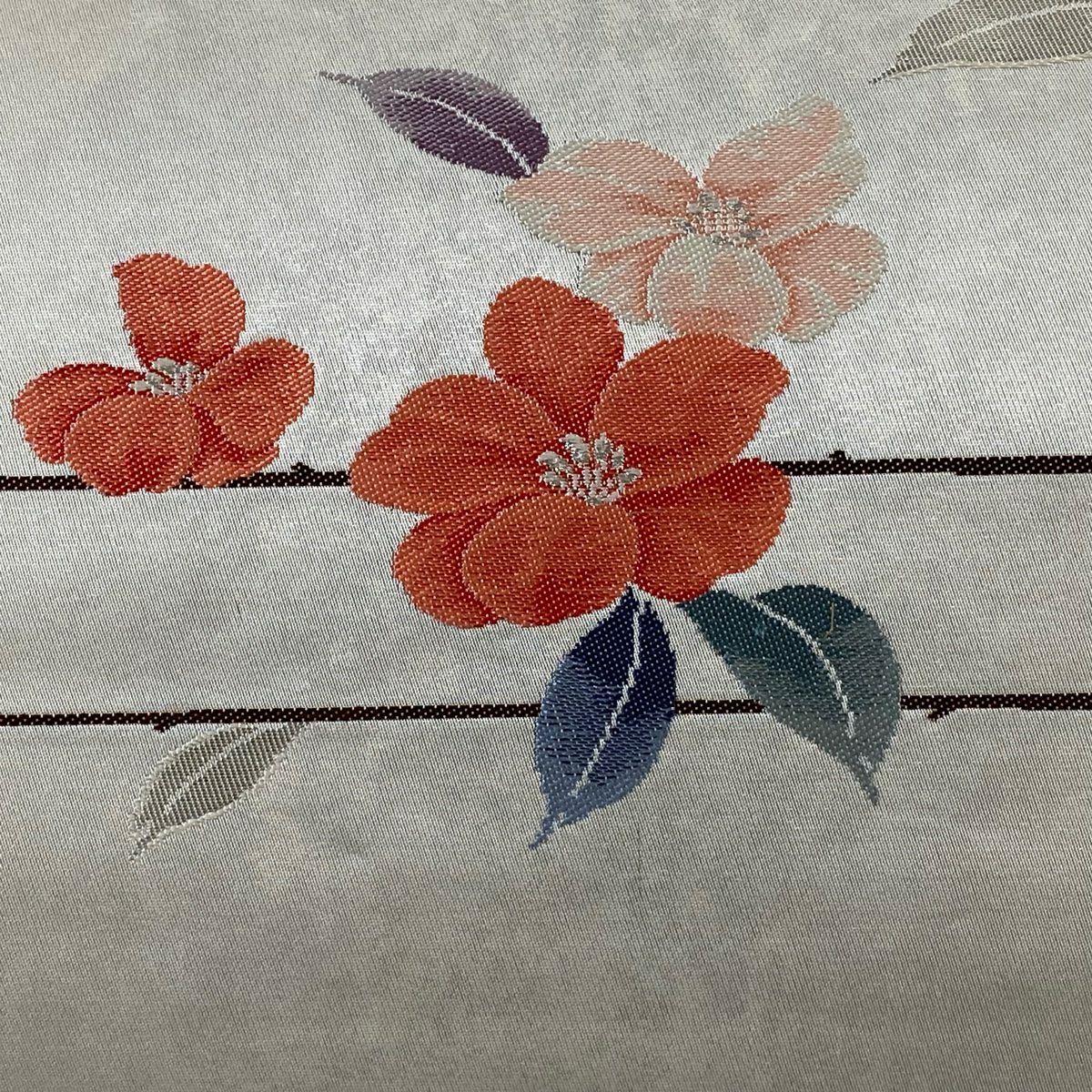【美品】 名古屋帶 優品級 枝花 金金箔 銀線 灰白 純蠶絲