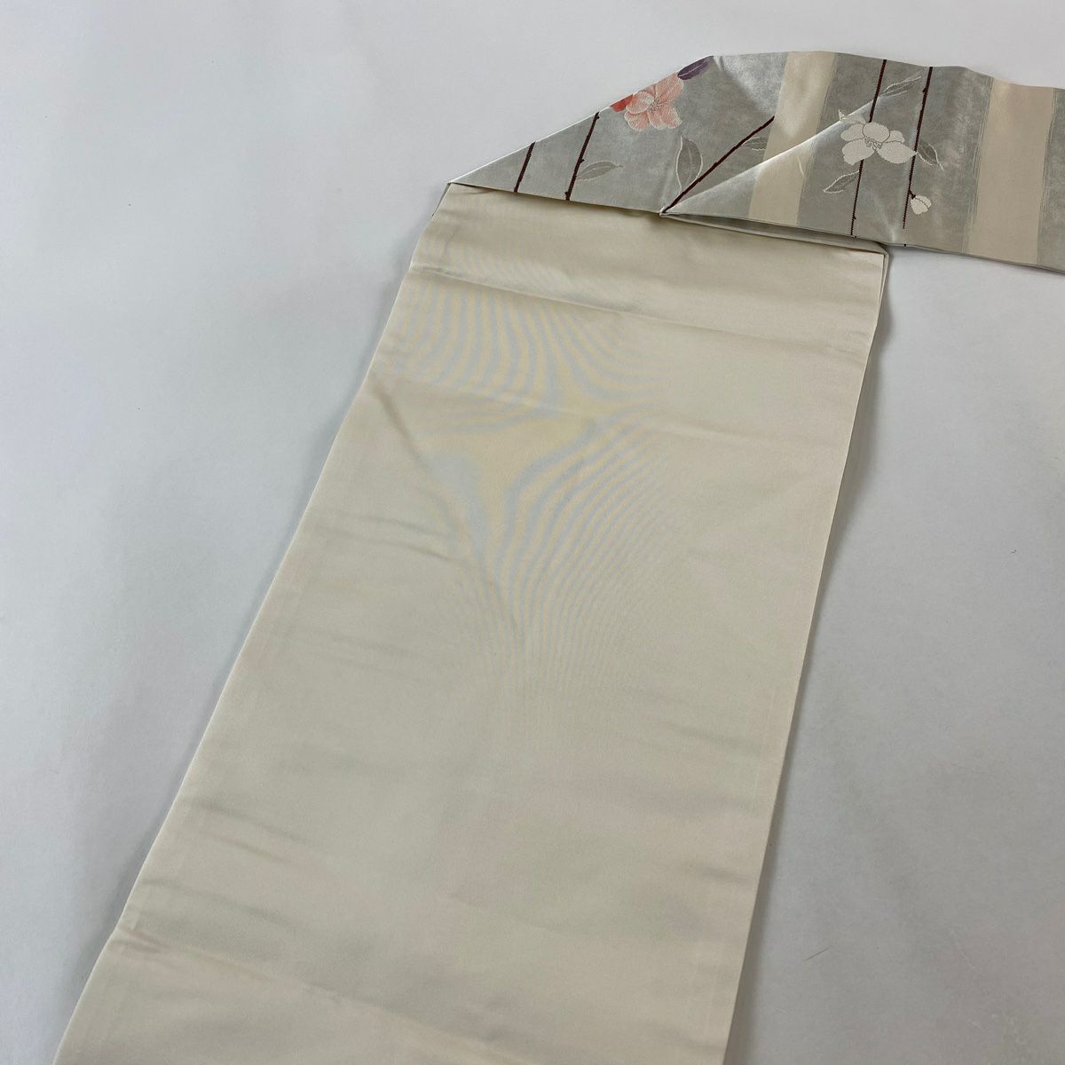 【美品】 名古屋帶 優品級 枝花 金金箔 銀線 灰白 純蠶絲