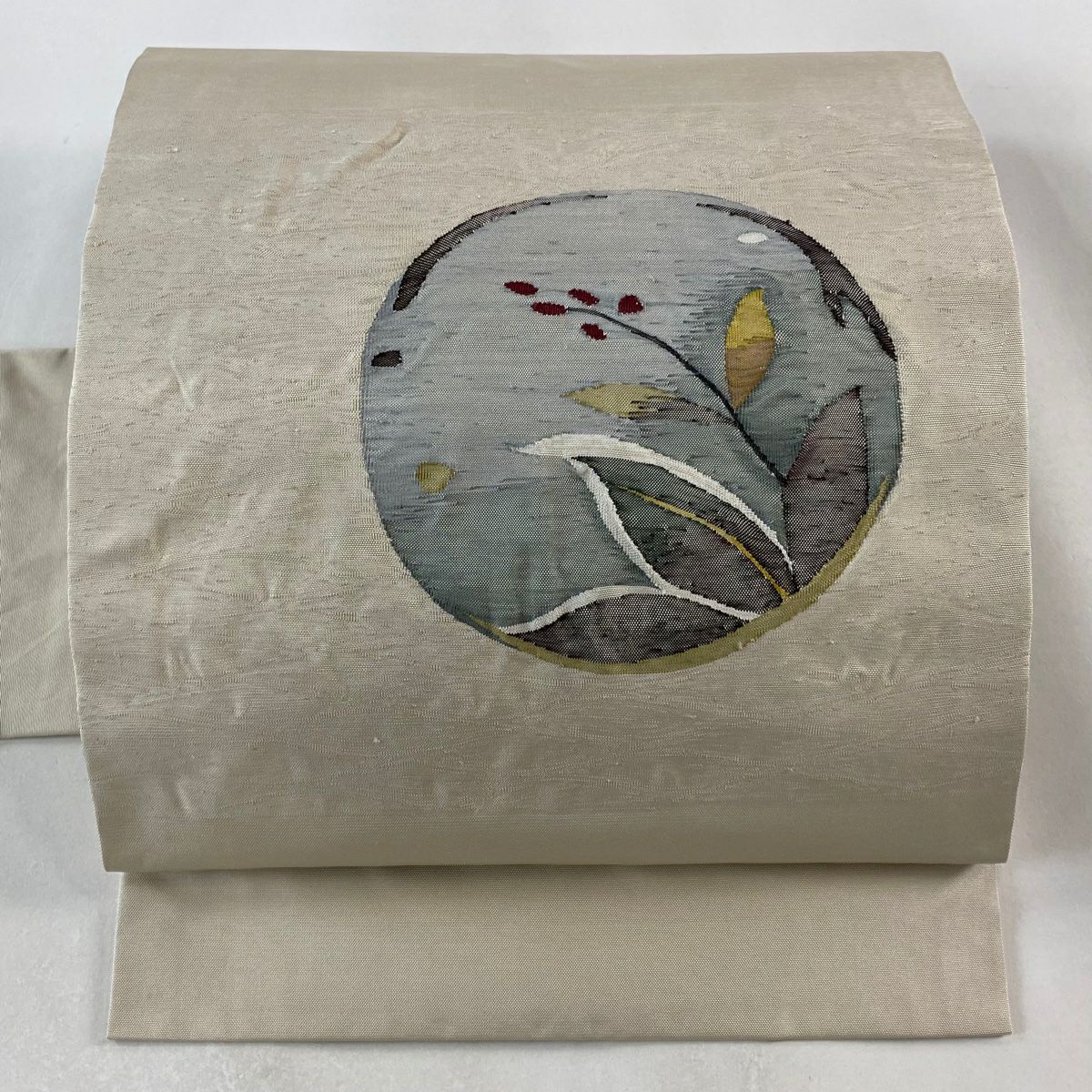 【美品】名古屋帶 優品級 圓文 草花紋 淺米色 純蠶絲