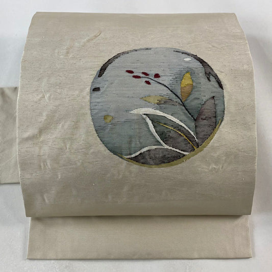 【美品】名古屋帶 優品級 圓文 草花紋 淺米色 純蠶絲