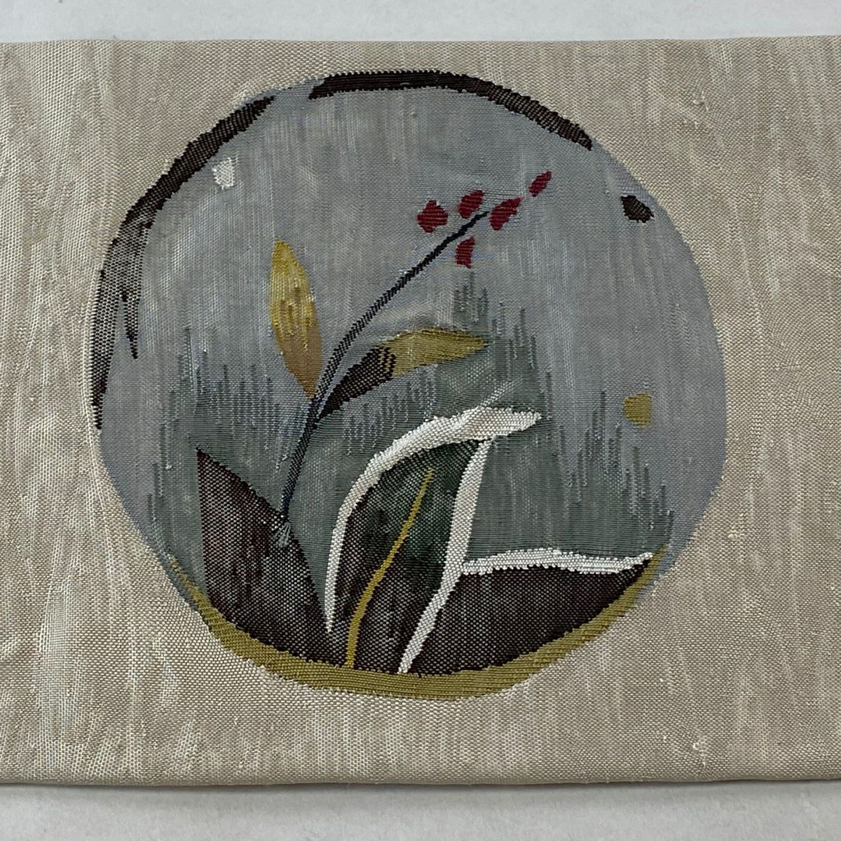 【美品】名古屋帶 優品級 圓文 草花紋 淺米色 純蠶絲