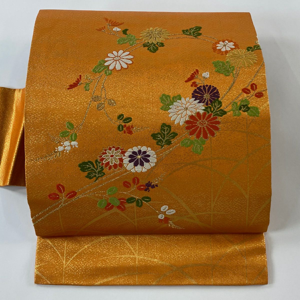 【美品】名古屋帶 優品級 菊花 萩 唐織 金金箔 淺橙色 純蠶絲