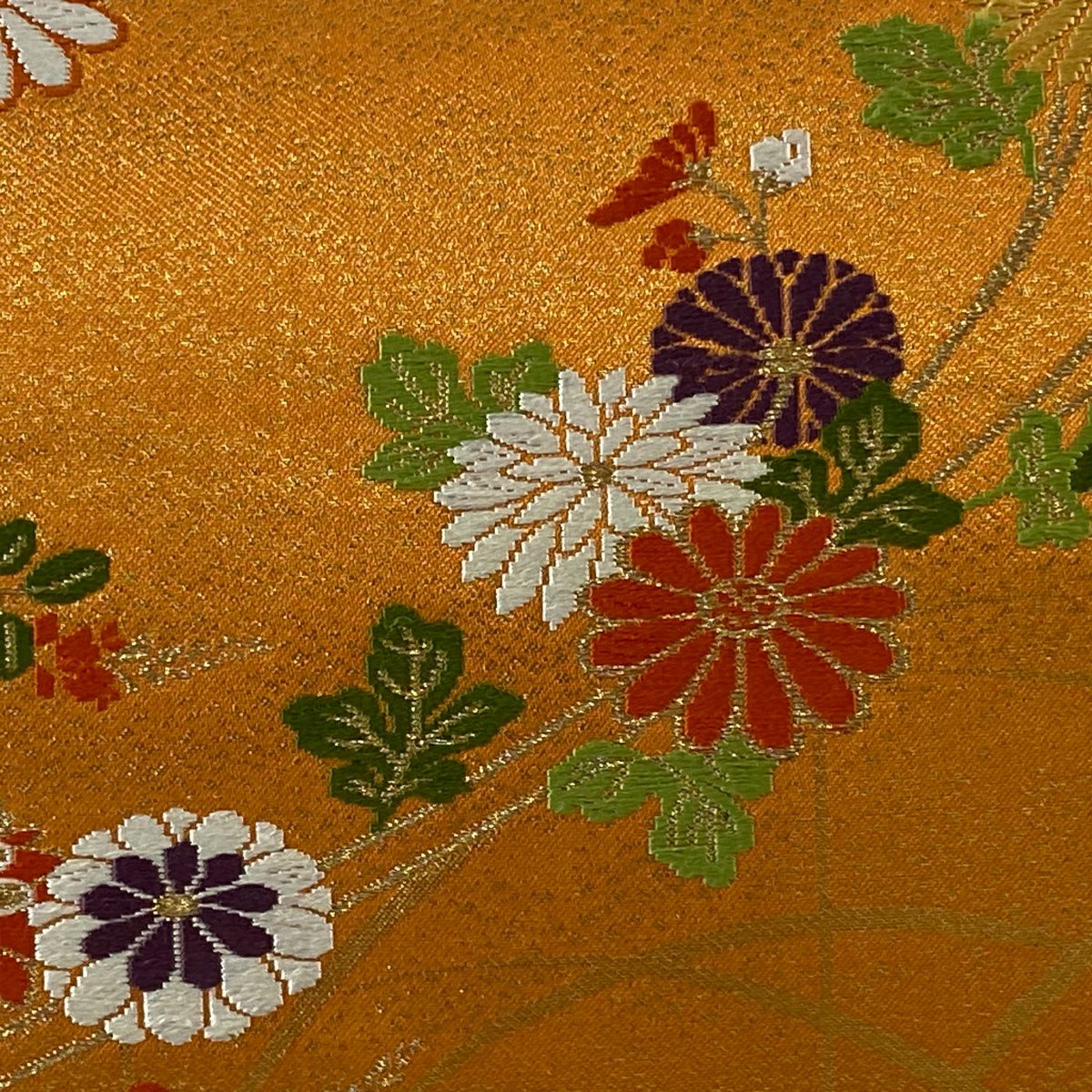 【美品】名古屋帶 優品級 菊花 萩 唐織 金金箔 淺橙色 純蠶絲