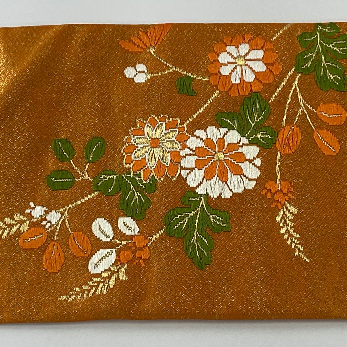 【美品】名古屋帶 優品級 菊花 萩 唐織 金金箔 淺橙色 純蠶絲