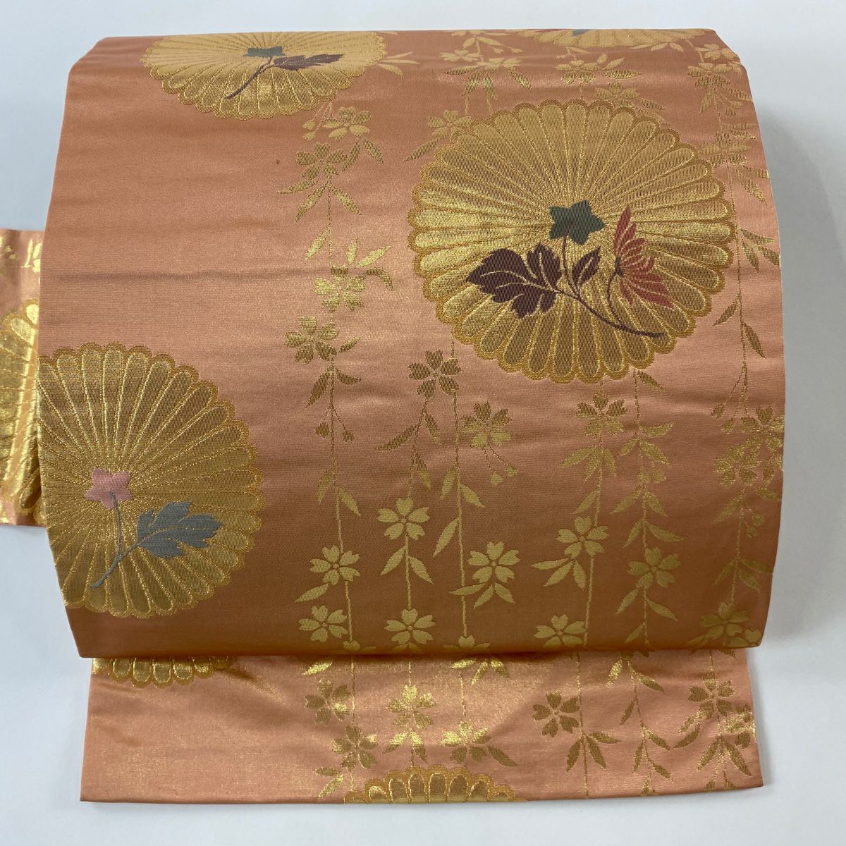 名古屋帶 優品級 菊花 枝垂櫻 金金箔 金絲 鮭粉色 純蠶絲