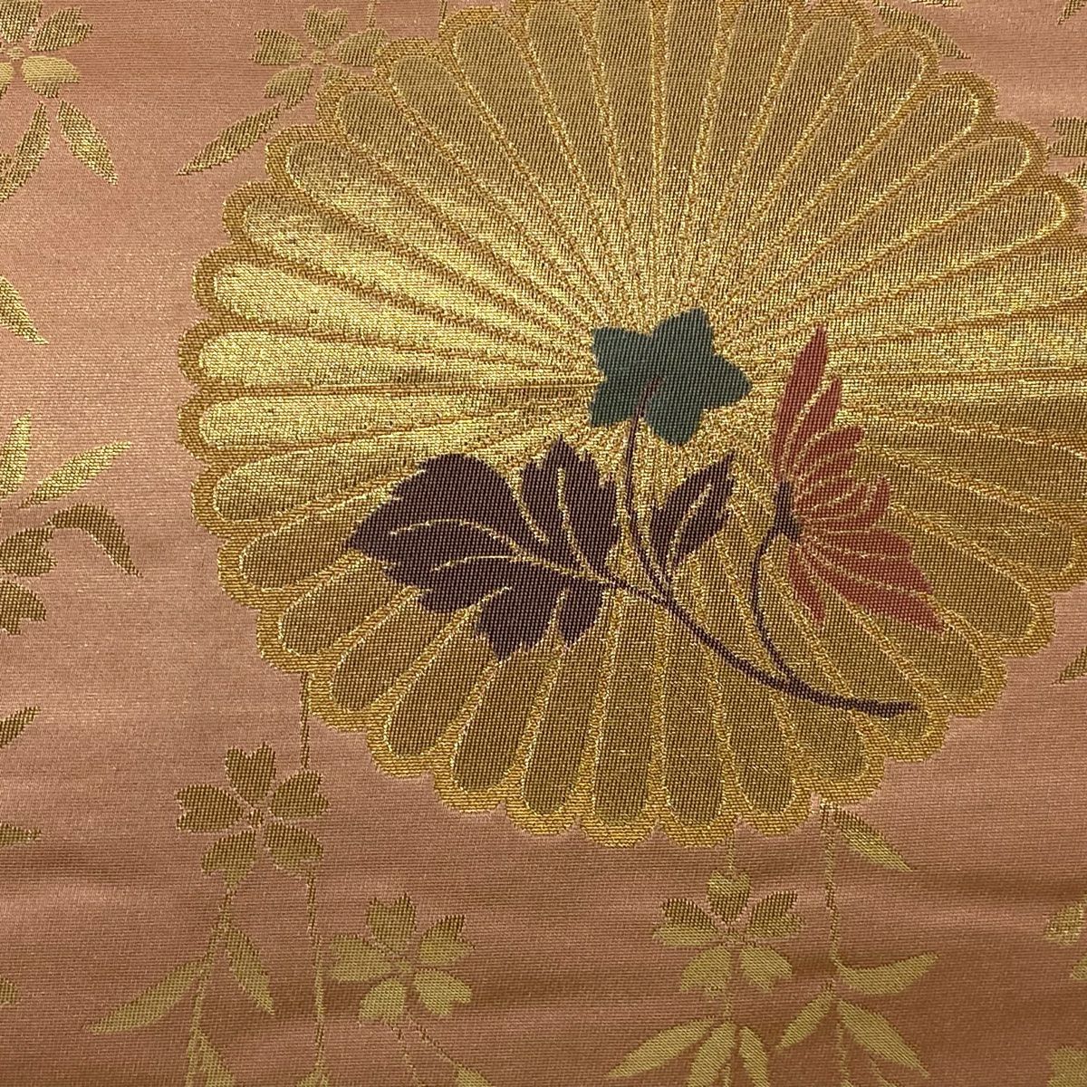 名古屋帶 優品級 菊花 枝垂櫻 金金箔 金絲 鮭粉色 純蠶絲