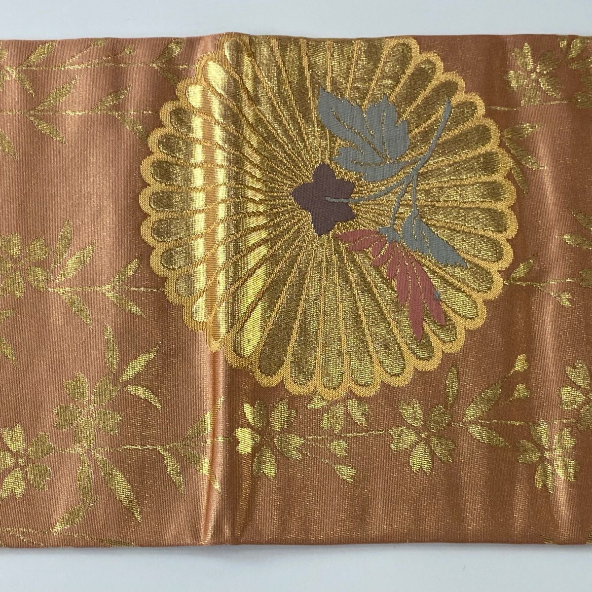 名古屋帶 優品級 菊花 枝垂櫻 金金箔 金絲 鮭粉色 純蠶絲