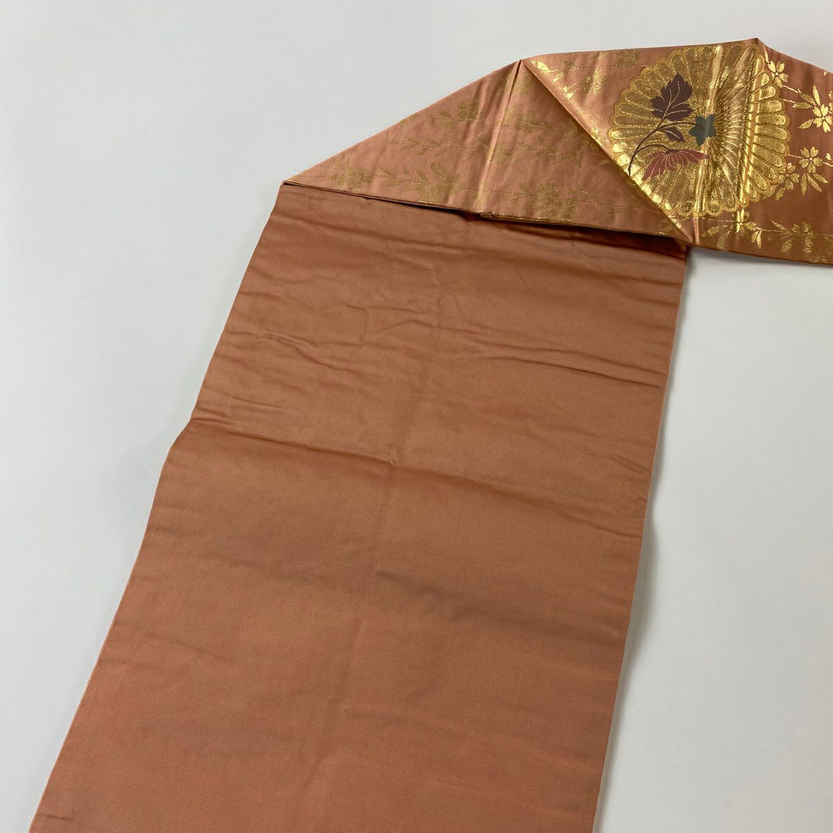 名古屋帶 優品級 菊花 枝垂櫻 金金箔 金絲 鮭粉色 純蠶絲