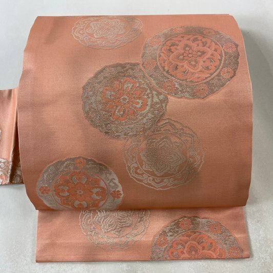 【美品】 名古屋帶 優品級 華紋 金銀彩 粉紅 純蠶絲