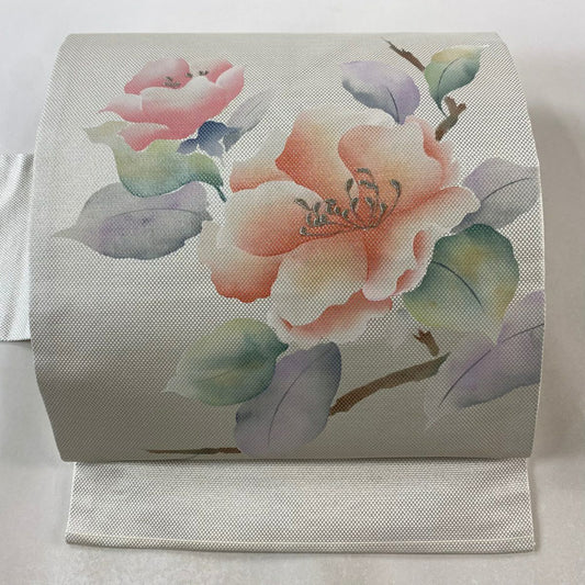 【美品】名古屋帶 優品級 關西仕立 枝花 金銀彩 銀 純蠶絲