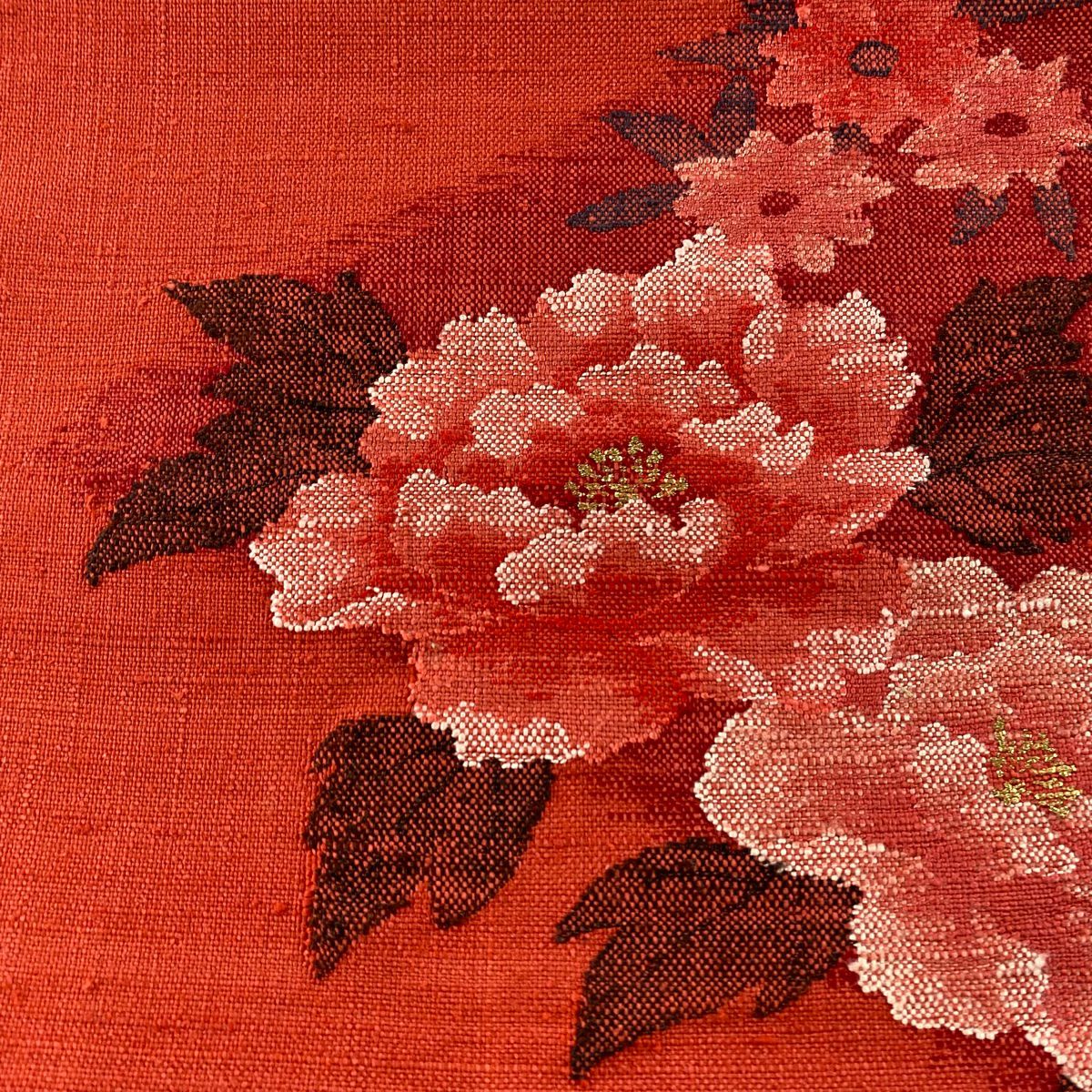 【庫存清倉】 名古屋帶 名品級 渡文 八寸名古屋帶 松樹葉仕立 紅色 純蠶絲