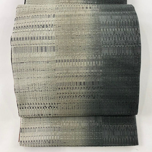 【庫存清倉】 袋帶 美品 名品級 手先二通り 條紋 幾何學 銀線 漸層 灰綠 大鼓圖案 純蠶絲