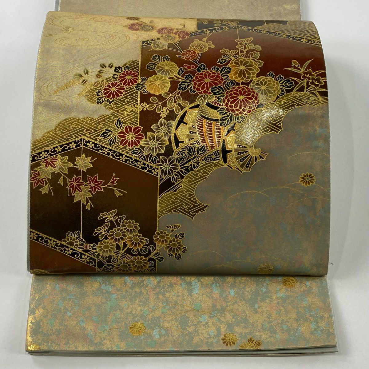 【美品】 袋帶 秀品級 落款 花車 雲文 金金箔 金銀彩 焦茶 純蠶絲