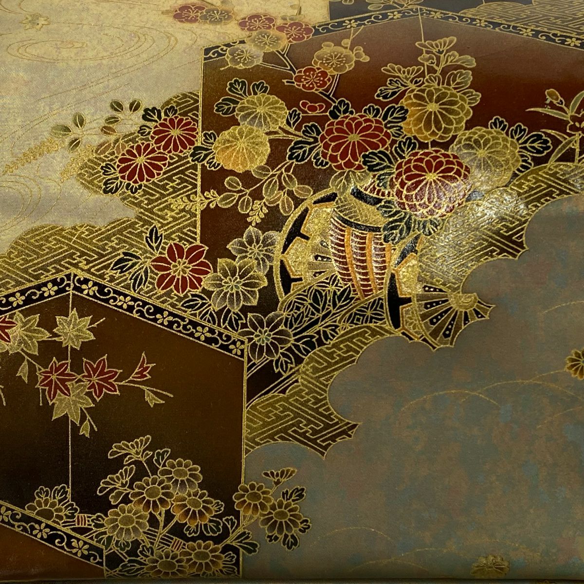 【美品】 袋帶 秀品級 落款 花車 雲文 金金箔 金銀彩 焦茶 純蠶絲