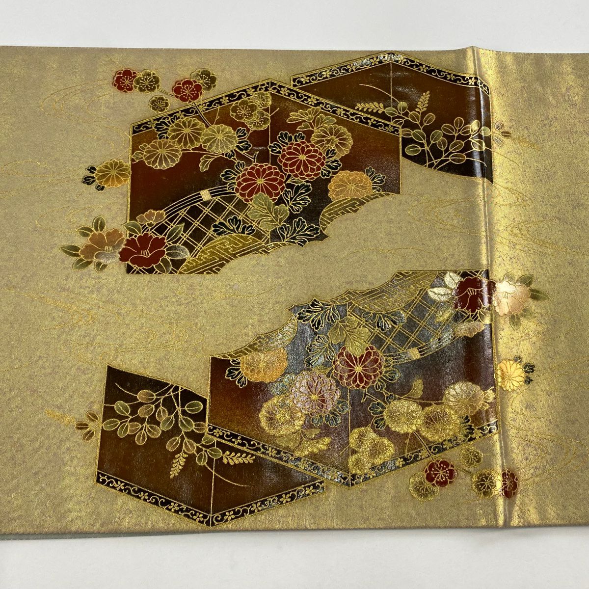 【美品】 袋帶 秀品級 落款 花車 雲文 金金箔 金銀彩 焦茶 純蠶絲