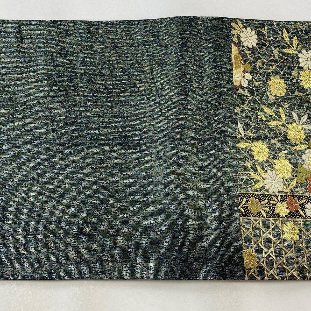 袋帶 秀品級 雪輪 草花紋 唐織 金金箔 深綠 六通 純蠶絲