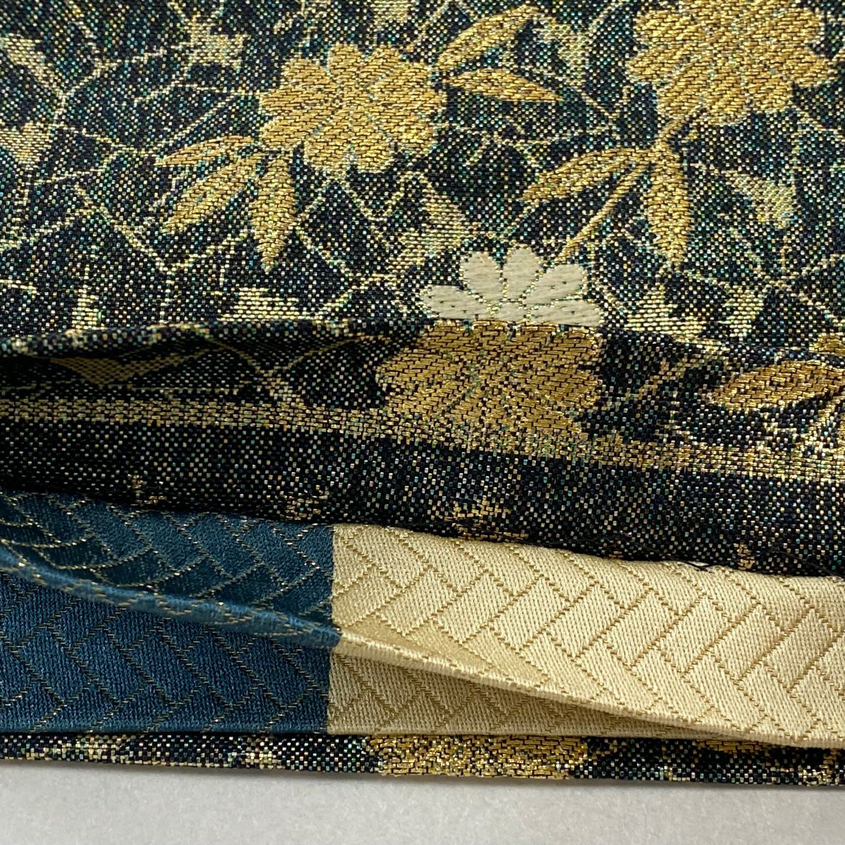 袋帶 秀品級 雪輪 草花紋 唐織 金金箔 深綠 六通 純蠶絲