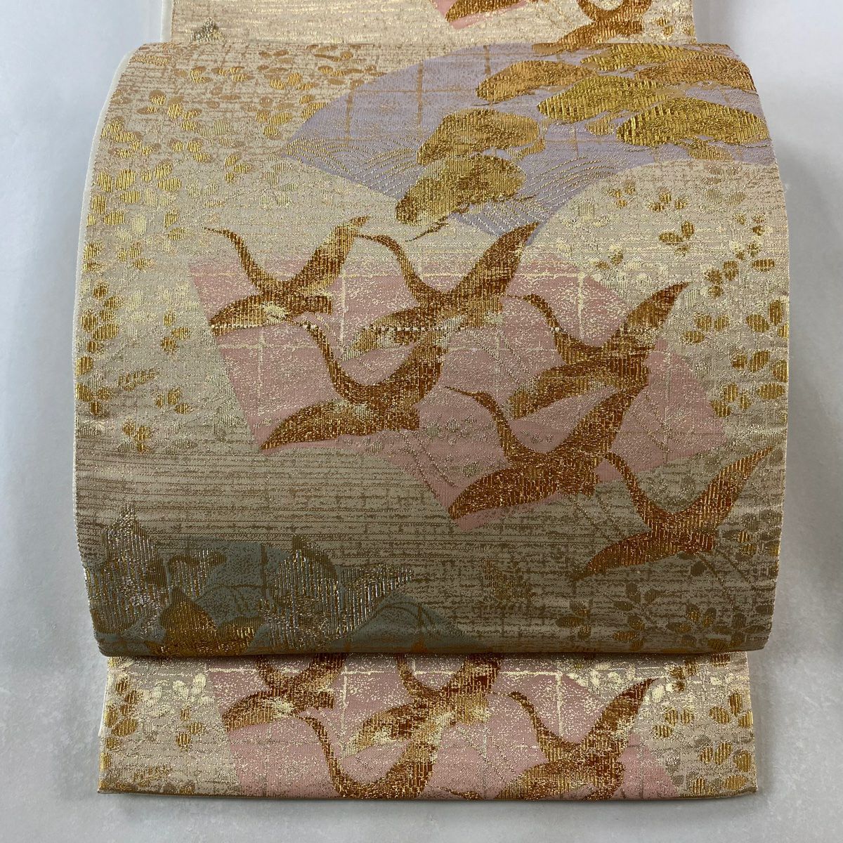 【美品】 袋帶 秀品級 仙鶴 松樹 金絲 金金箔 米色 六通 純蠶絲