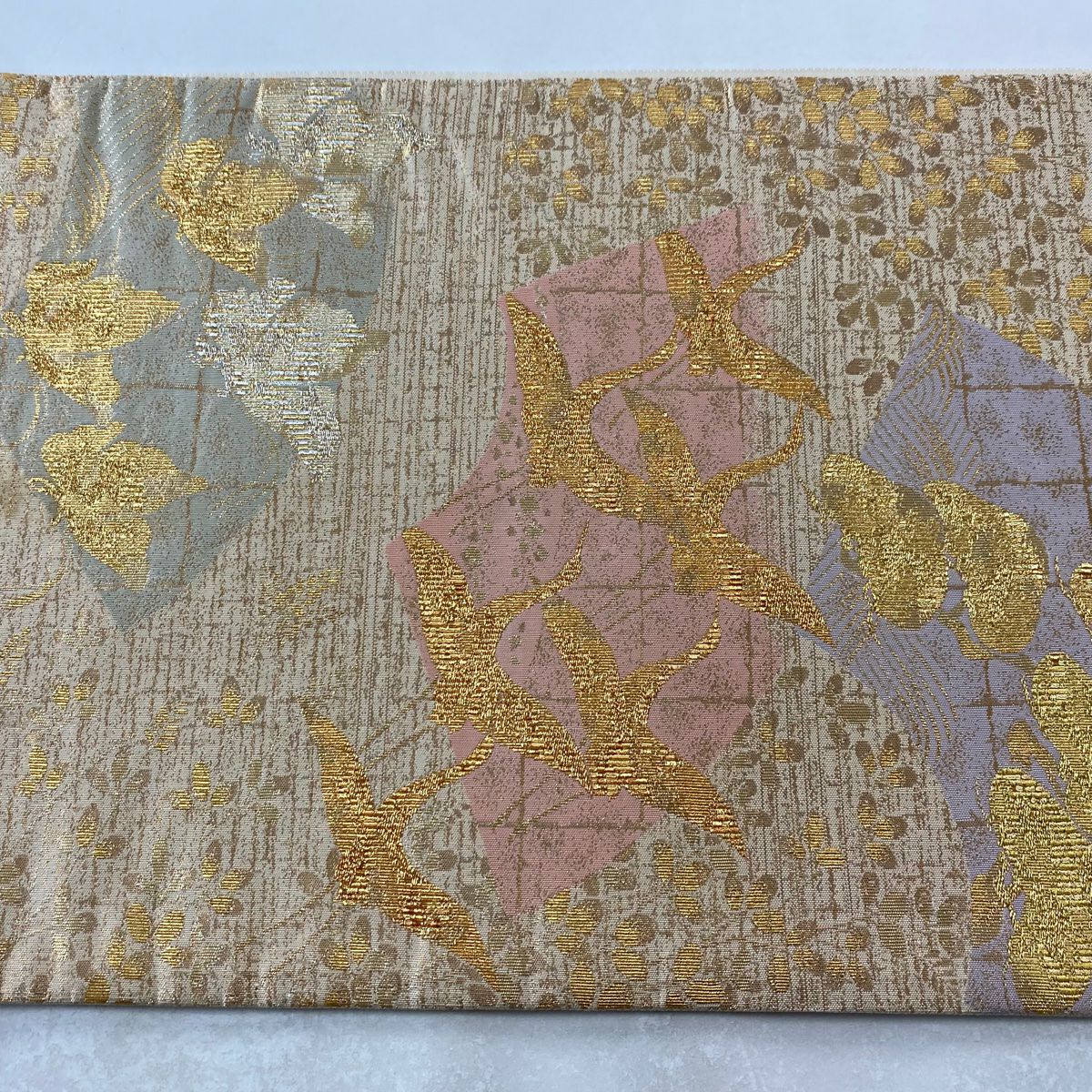 【美品】 袋帶 秀品級 仙鶴 松樹 金絲 金金箔 米色 六通 純蠶絲