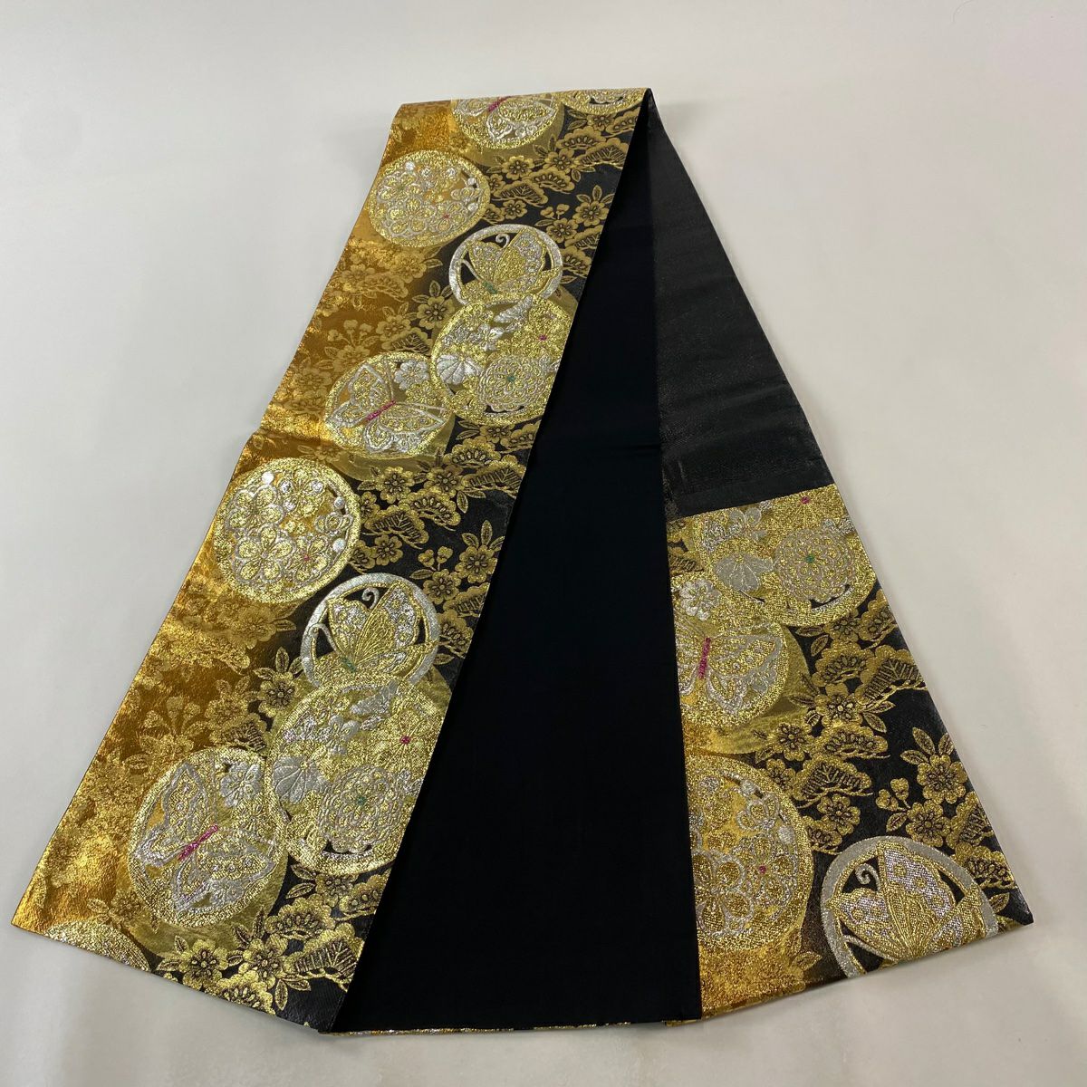 袋帶 秀品級 夢乃里 蝶 草花紋 金金箔 金色 六通 純蠶絲