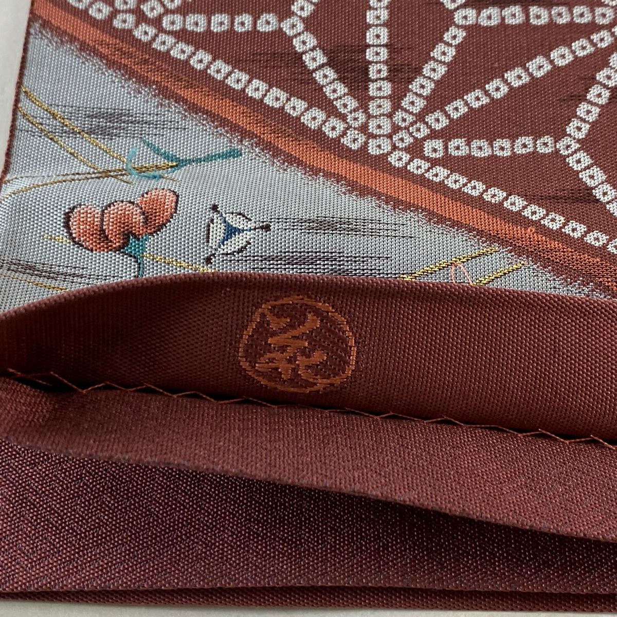 袋帶 美品 秀品級 有落款 關西仕立 雜花 麻葉 金金箔 小豆色 六通 純蠶絲
